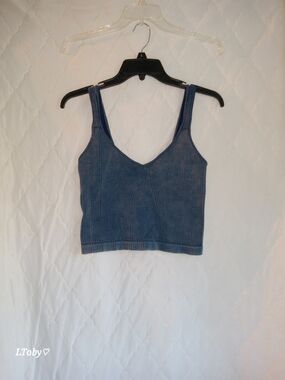 Ribbed V-Neck Crop Tank Top - Blue